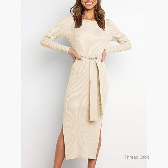 Long Sleeve Ribbed Knit Midi Dress Tie Waist Bodycon Fall Outfit - Picture 2 of 7